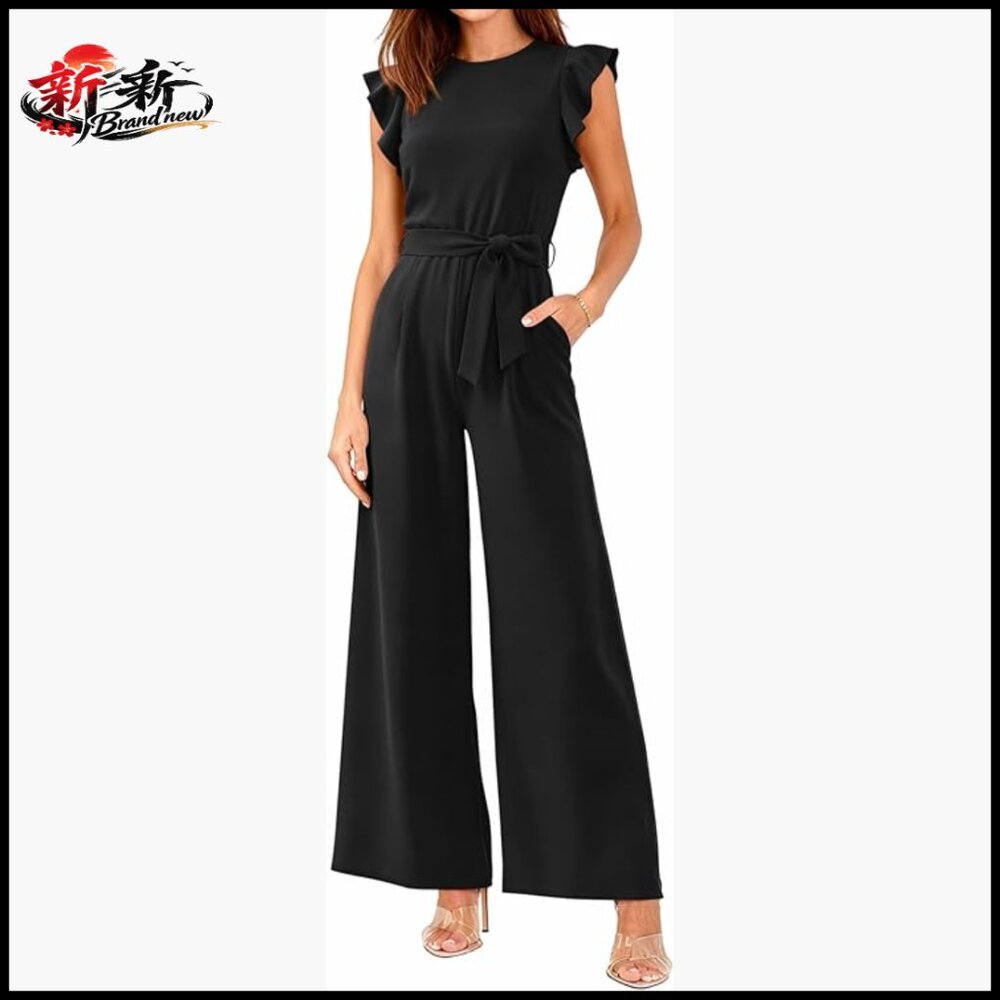 Polyester Elastane Jumpsuit With Crew Neck Ruffle Sleeves And Side Pockets